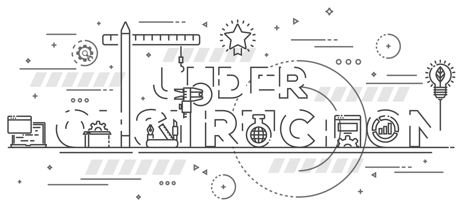 Ilustrație line-art Under Construction – unelte, creion, riglă, bec cu idei, simboluri de design și tehnologie